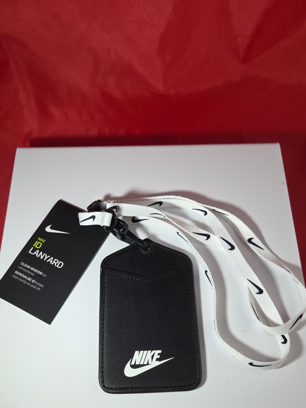 Nike Black ID Lanyard with White Swoosh Strap and Card Holder